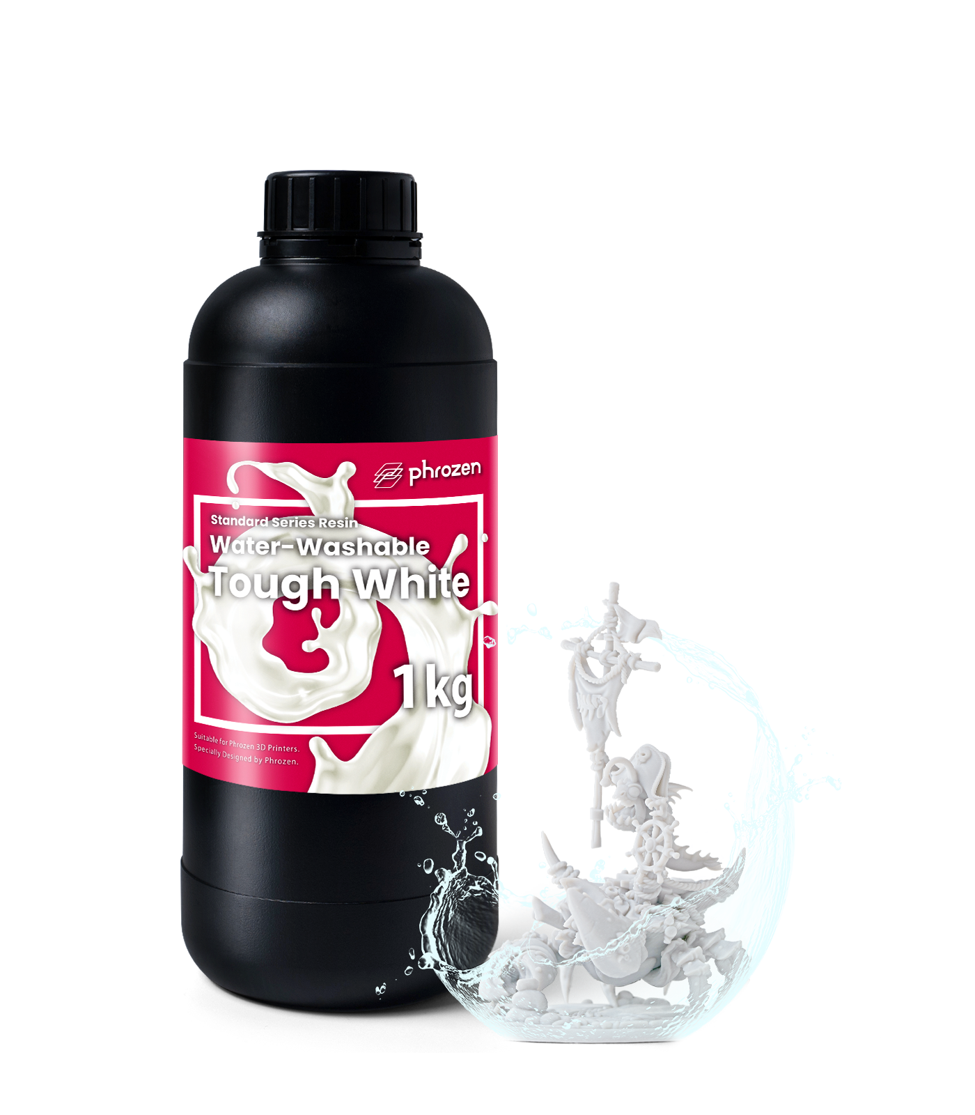 Phrozen Water-Washable Tough White 1kg resin bottle next to a white and clear splash sculpture print.